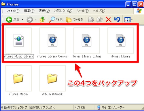 バックアップ対象のiTunesの設定ファイル4つ、iTunes Music Library、iTubes Library Genius、iTunes Library Extras、iTunes Library