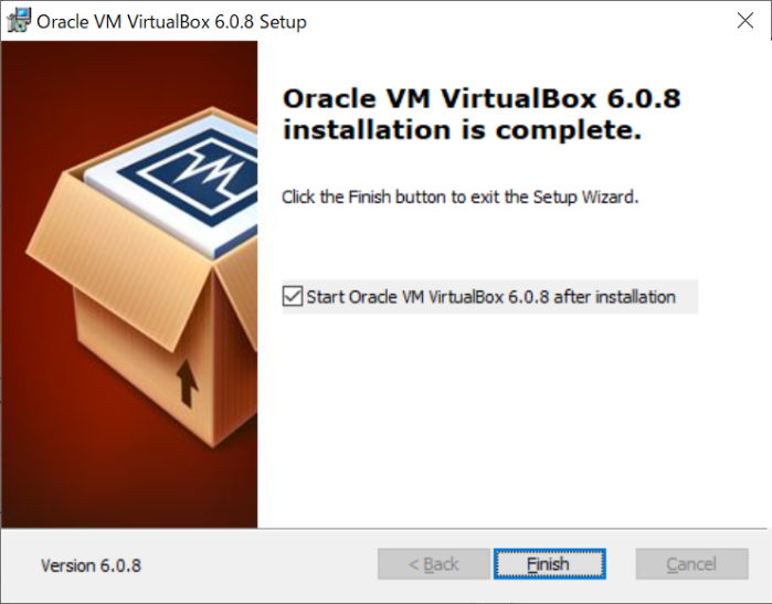 VirtualBoxのインストール完了画面